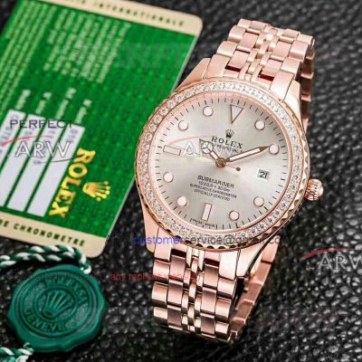 Perfect Replica Rolex Submariner Silver Face Rose Gold Diamond Bezel Couple Watch